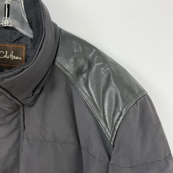 Cole Haan Men’s Down Puffer Jacket Black Leather Trim Size M Winter - Picture 7 of 16